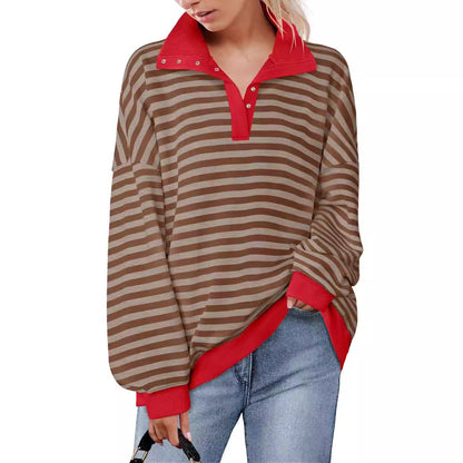 Loose casual lapel button striped sweatshirt for women