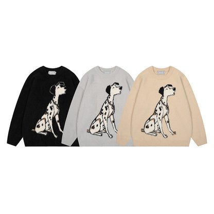 Mohair spotted dog jacquard round neck pullover sweater for men and women