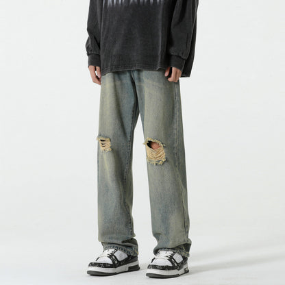 Hole-Designed Straight Leg Jeans for Men