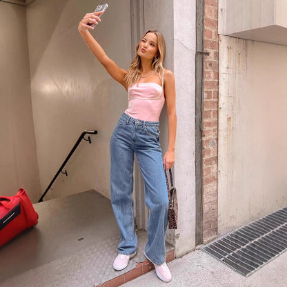 Straight bow denim pants for women