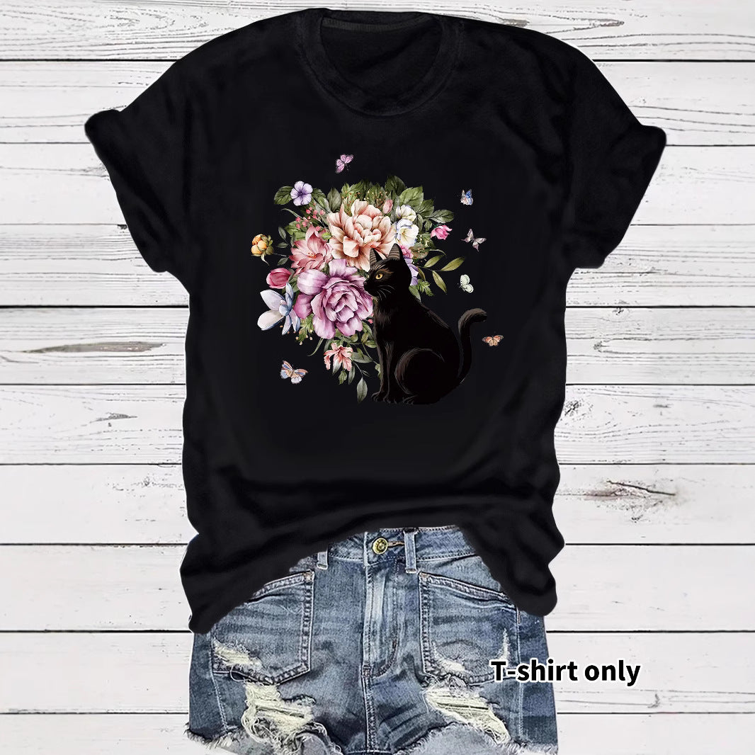 Round neck short sleeved t-shirt with lonely cat print
