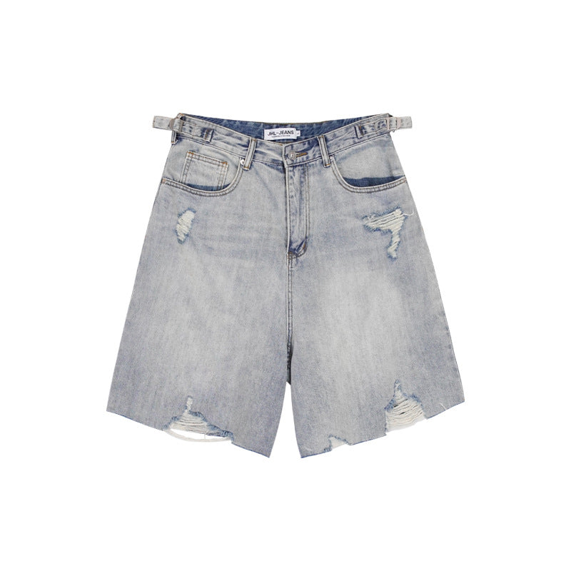 Washed distressed denim shorts for men