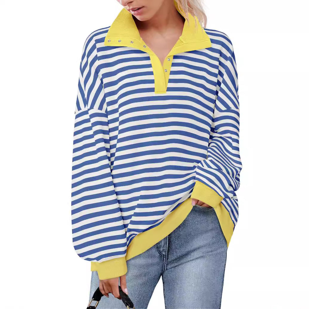 Loose casual lapel button striped sweatshirt for women