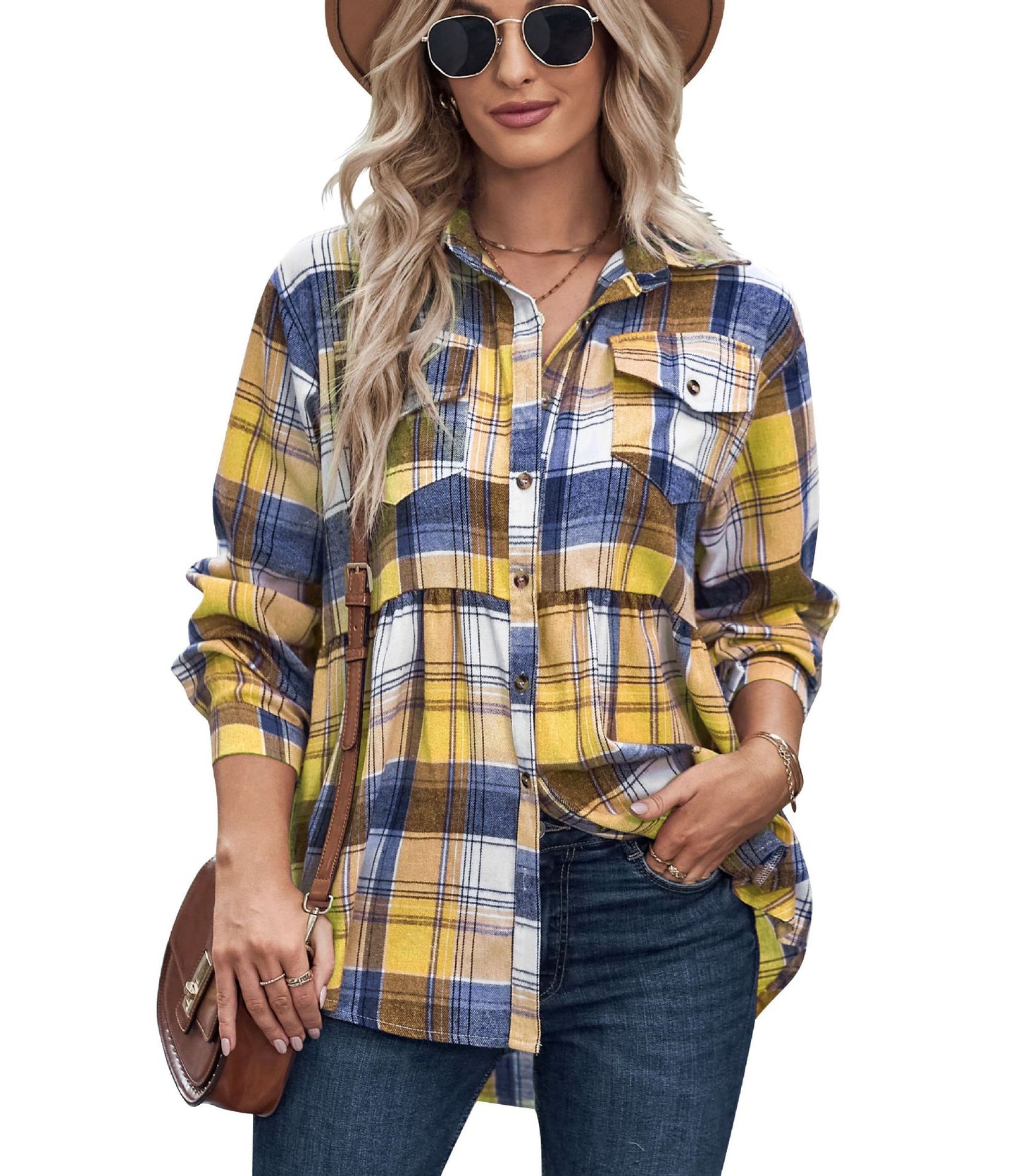 Women's Upper Garment Autumn And Winter New Product Lapel Long Sleeve Pocket Casual Plaid Shirt