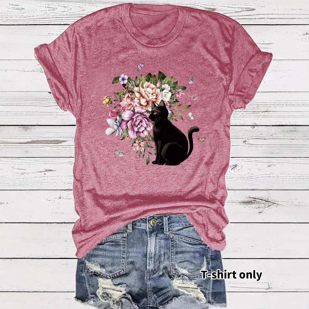 Round neck short sleeved t-shirt with lonely cat print