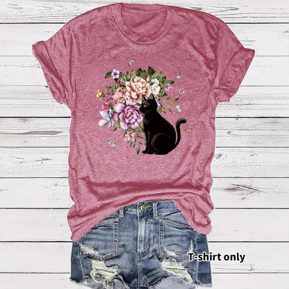 Round neck short sleeved t-shirt with lonely cat print