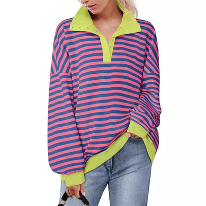 Loose casual lapel button striped sweatshirt for women