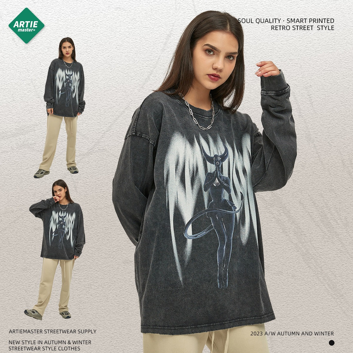 Autumn and Winter New Product Abstract and Virtual Digital Printing American Retro Men's Long sleeved T-shirt