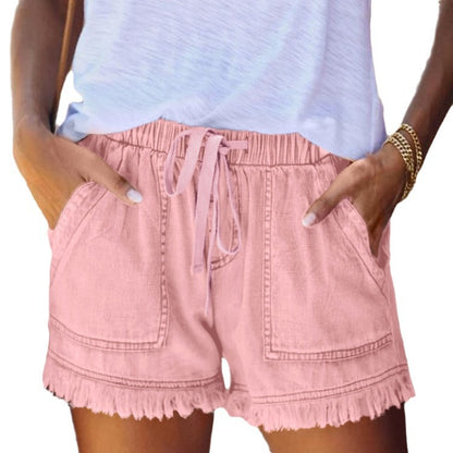 Elastic waist fringe denim shorts for women