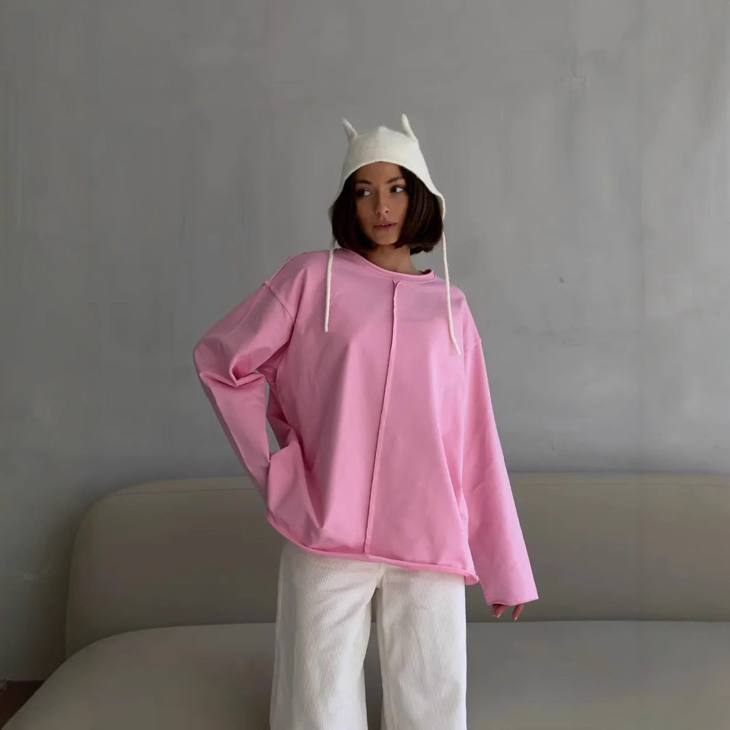 Worn-out Pure Cotton Long Sleeve T-Shirt for Women, Loose Soft Knitted Terry Cloth Top