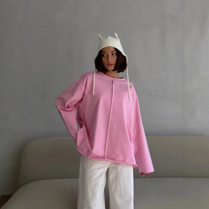 Worn-out Pure Cotton Long Sleeve T-Shirt for Women, Loose Soft Knitted Terry Cloth Top