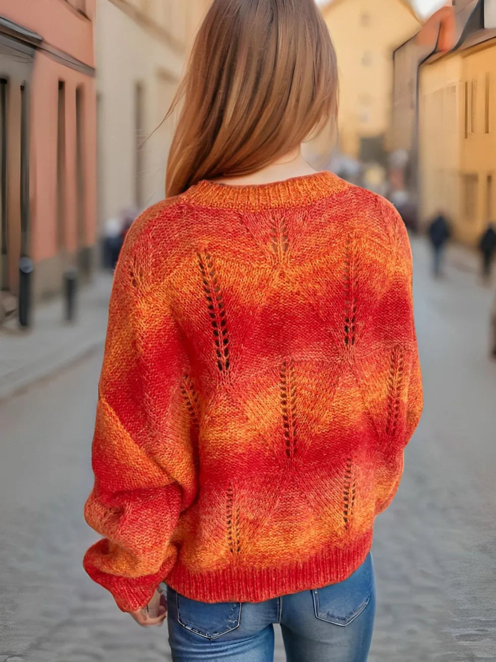 Hollow knit round neck pullover sweater for women