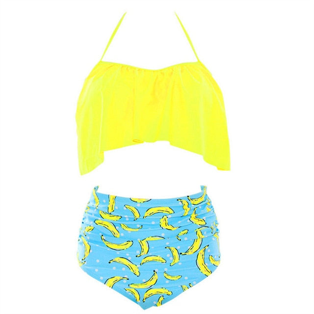 Women High Waist Bikini Swimsuits 3XL Plus Size Swim Wear Bathing Suit African Print Biquini Large Two Piece Neck Swimwear