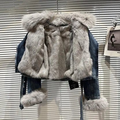 Women Denim Coat  Winer New Fox Fur Collar Rabbit Inner Metal Buckle Zipper Belt High Waist Warm Short Jean Jacket