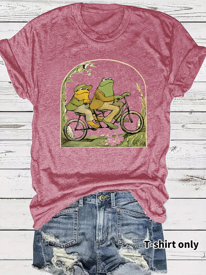 Frog riding bicycle printed short sleeved shirt