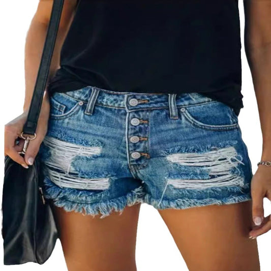 Broken hole tassel denim shorts for women