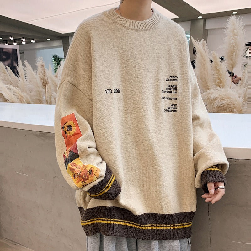 Sweater for men in autumn and winter, thickened round neck, oversized, loose, retro Japanese knit sweater, trendy outerwear for