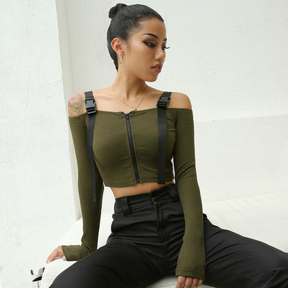 OFF SHOULDER BUCKLE STRAP CROP TOP SHIRT