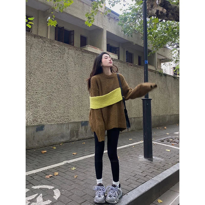 Women Sweater Patchwork Color Matching Pullover Sweater Tops Asymmetry Fashion Loose Knitting Tops Women