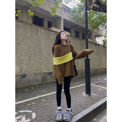 Women Sweater Patchwork Color Matching Pullover Sweater Tops Asymmetry Fashion Loose Knitting Tops Women
