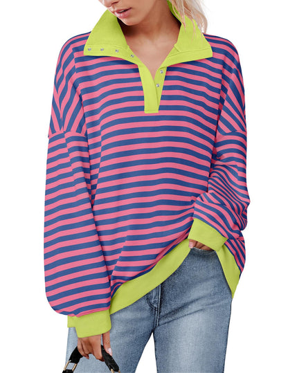Loose casual lapel button striped sweatshirt for women