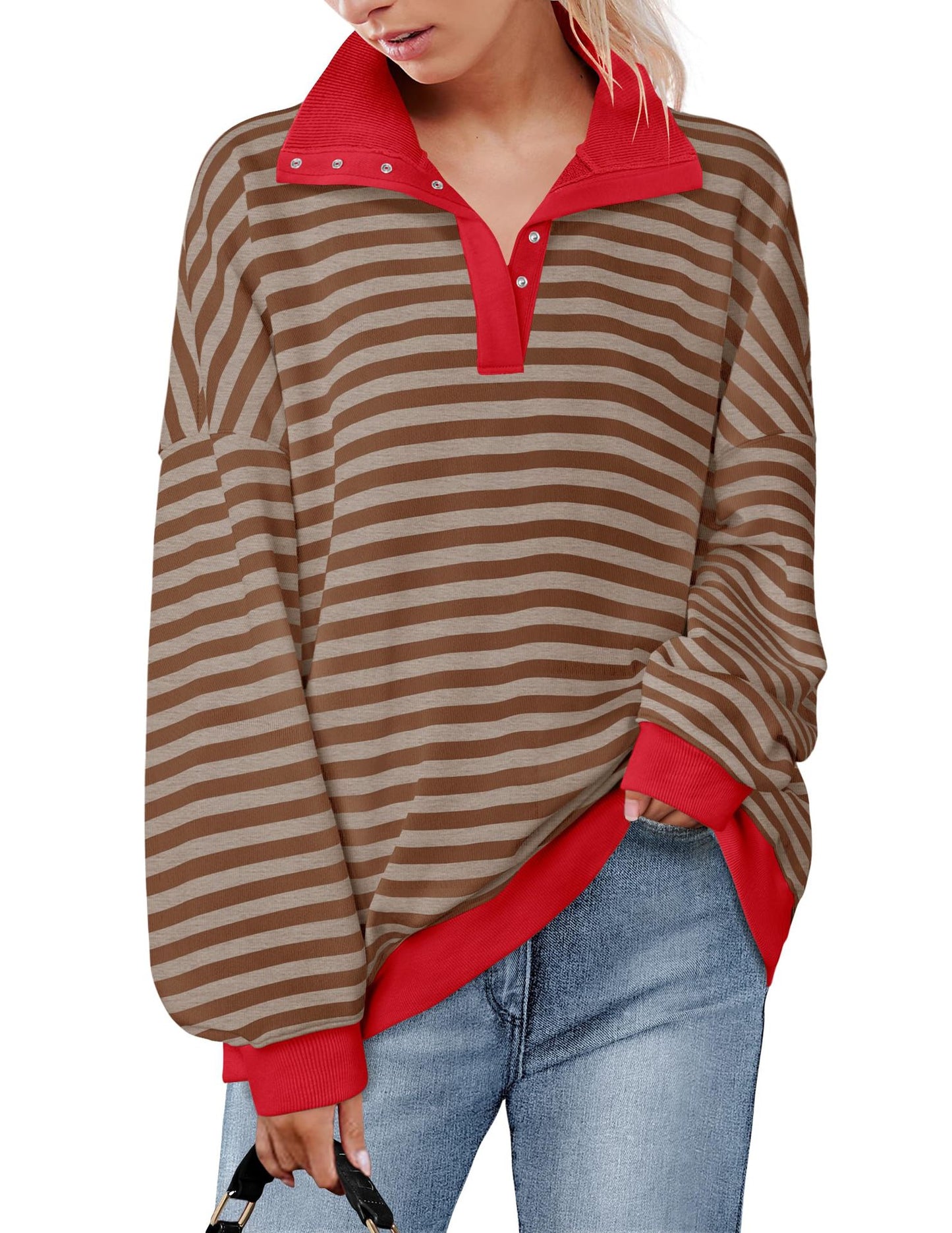 Loose casual lapel button striped sweatshirt for women