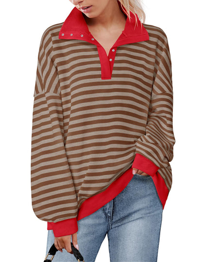 Loose casual lapel button striped sweatshirt for women