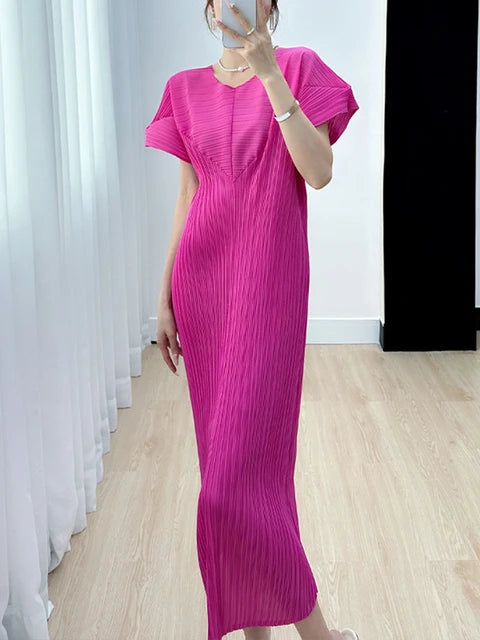 Pleated O Neck Dress Women  New Spring Summer Straight  Long Short Style Loose Solid Color Casual Cloth