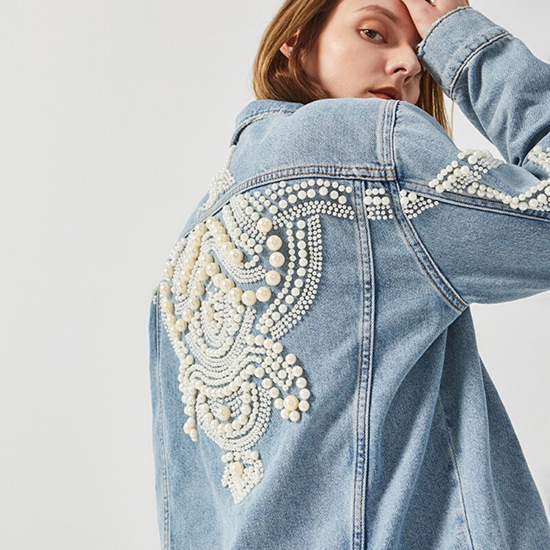 Embroidery Denim Jacket Beading Pattern Jean Jacket Long Sleeve Vintage Pocket Demin Punk Jackets Women Outerwear