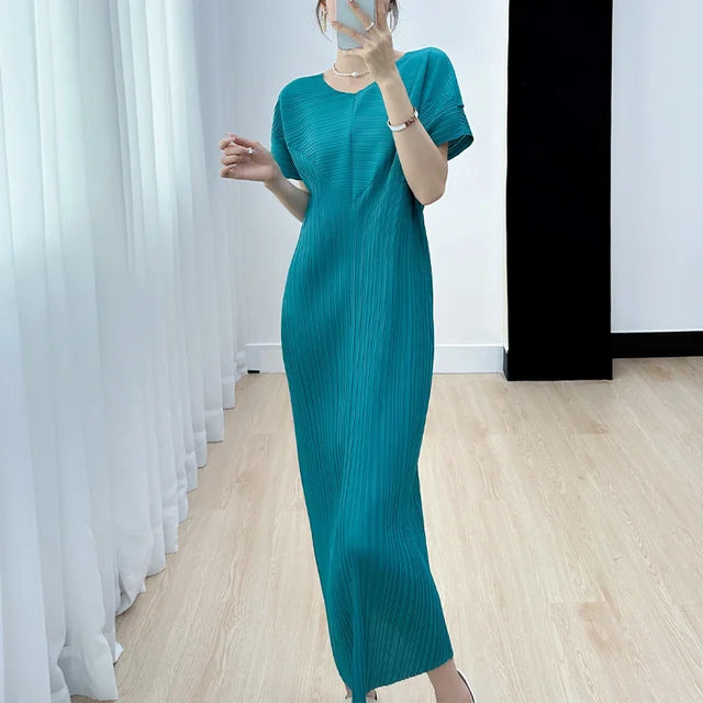 Pleated O Neck Dress Women  New Spring Summer Straight  Long Short Style Loose Solid Color Casual Cloth