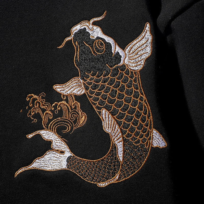 Round neck pullover heavy industry embroidered koi loose large size pure cotton sweatshirt for men