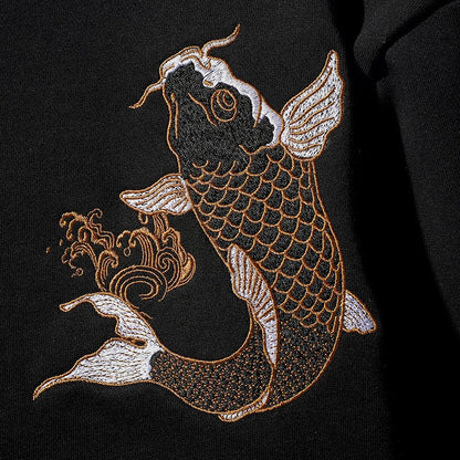 Round neck pullover heavy industry embroidered koi loose large size pure cotton sweatshirt for men