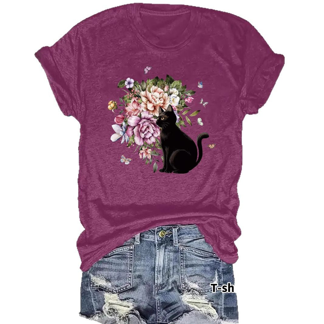 Round neck short sleeved t-shirt with lonely cat print