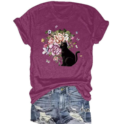 Round neck short sleeved t-shirt with lonely cat print