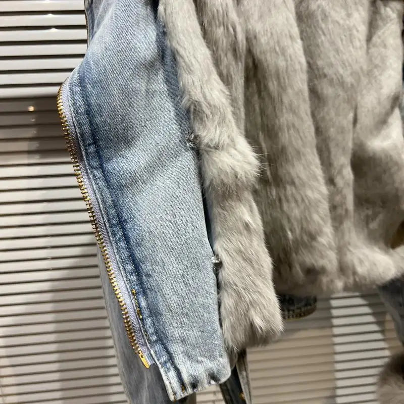 Women Denim Coat  Winer New Fox Fur Collar Rabbit Inner Metal Buckle Zipper Belt High Waist Warm Short Jean Jacket