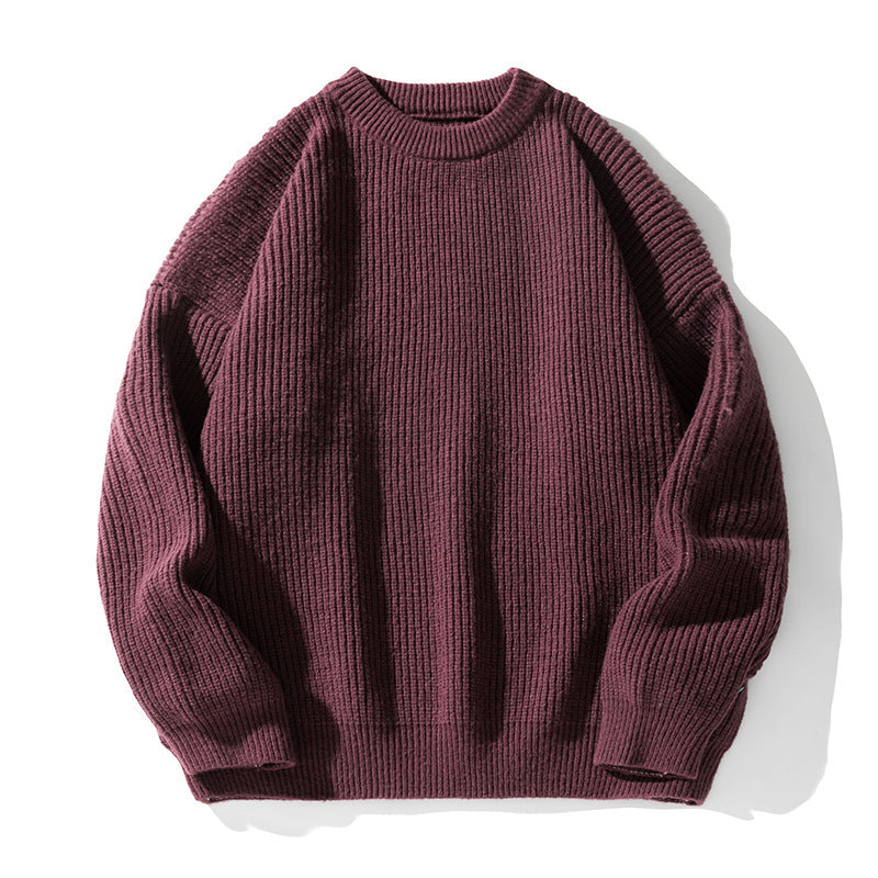 Solid color round neck sweater for men