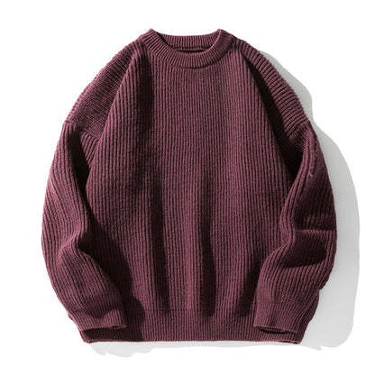 Solid color round neck sweater for men