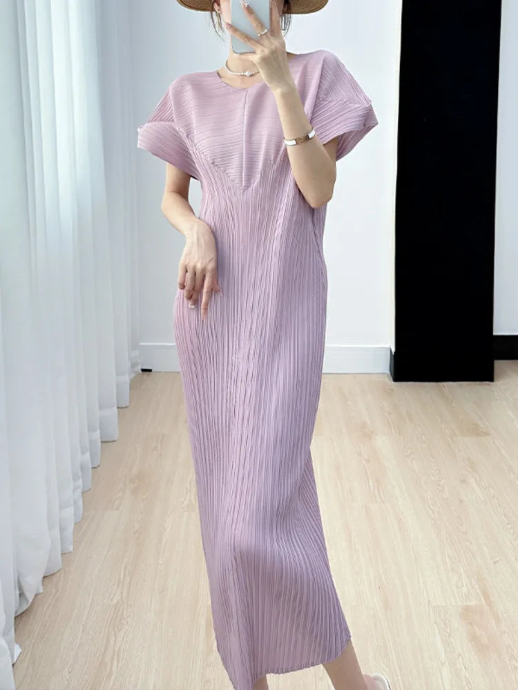 Pleated O Neck Dress Women  New Spring Summer Straight  Long Short Style Loose Solid Color Casual Cloth