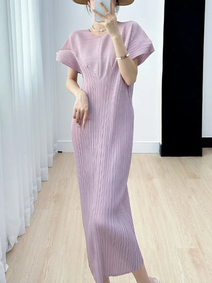 Pleated O Neck Dress Women  New Spring Summer Straight  Long Short Style Loose Solid Color Casual Cloth