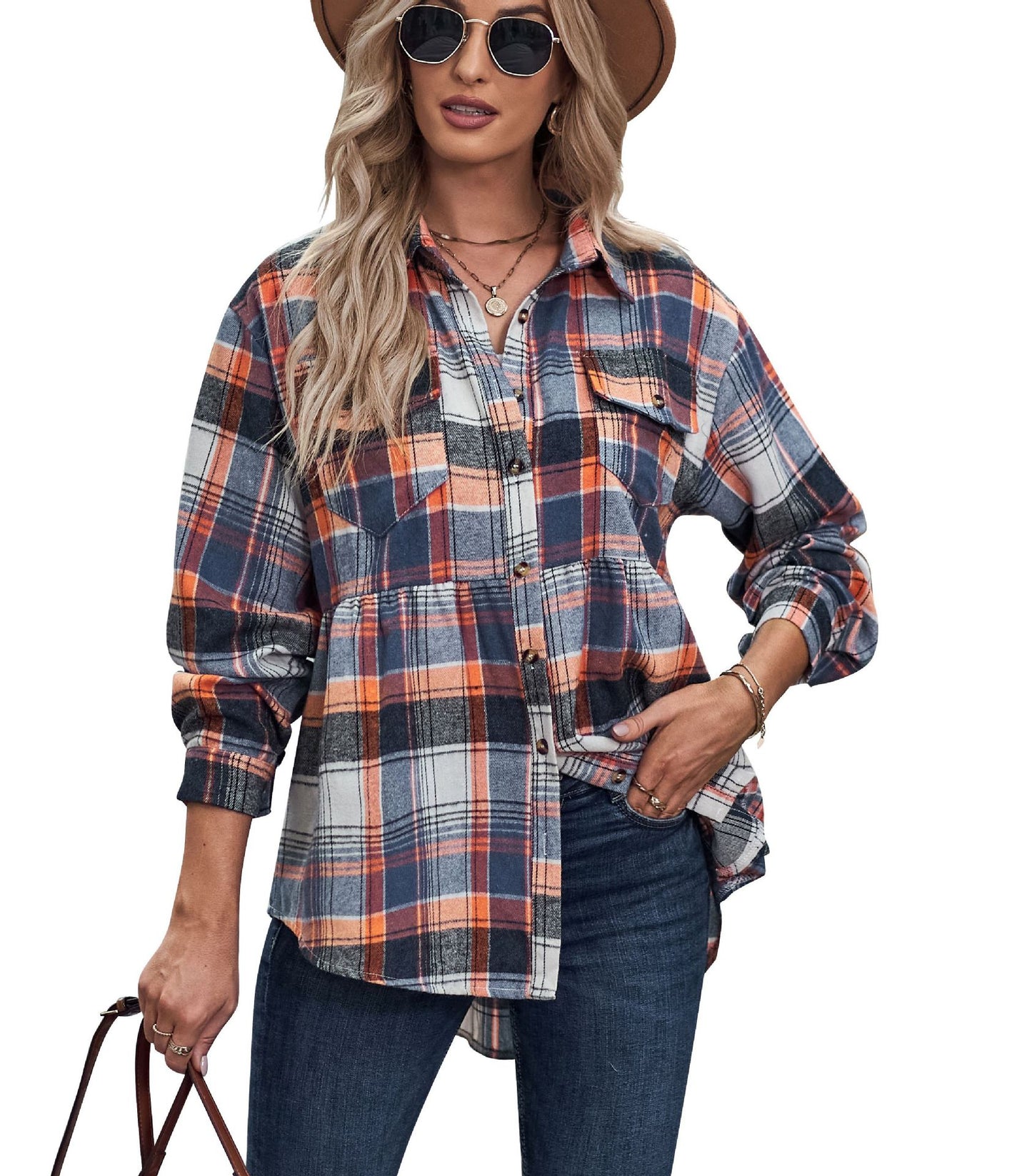 Women's Upper Garment Autumn And Winter New Product Lapel Long Sleeve Pocket Casual Plaid Shirt