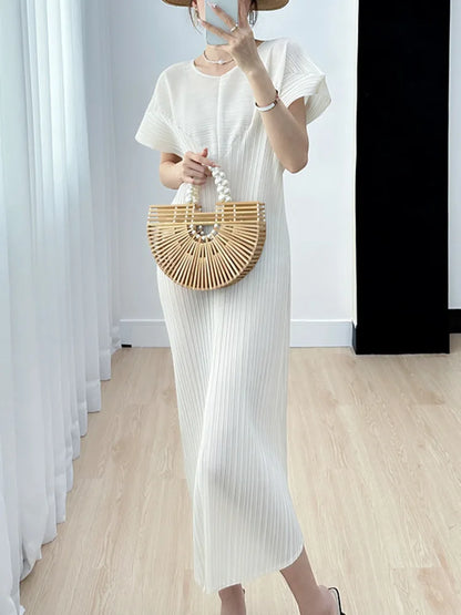 Pleated O Neck Dress Women  New Spring Summer Straight  Long Short Style Loose Solid Color Casual Cloth