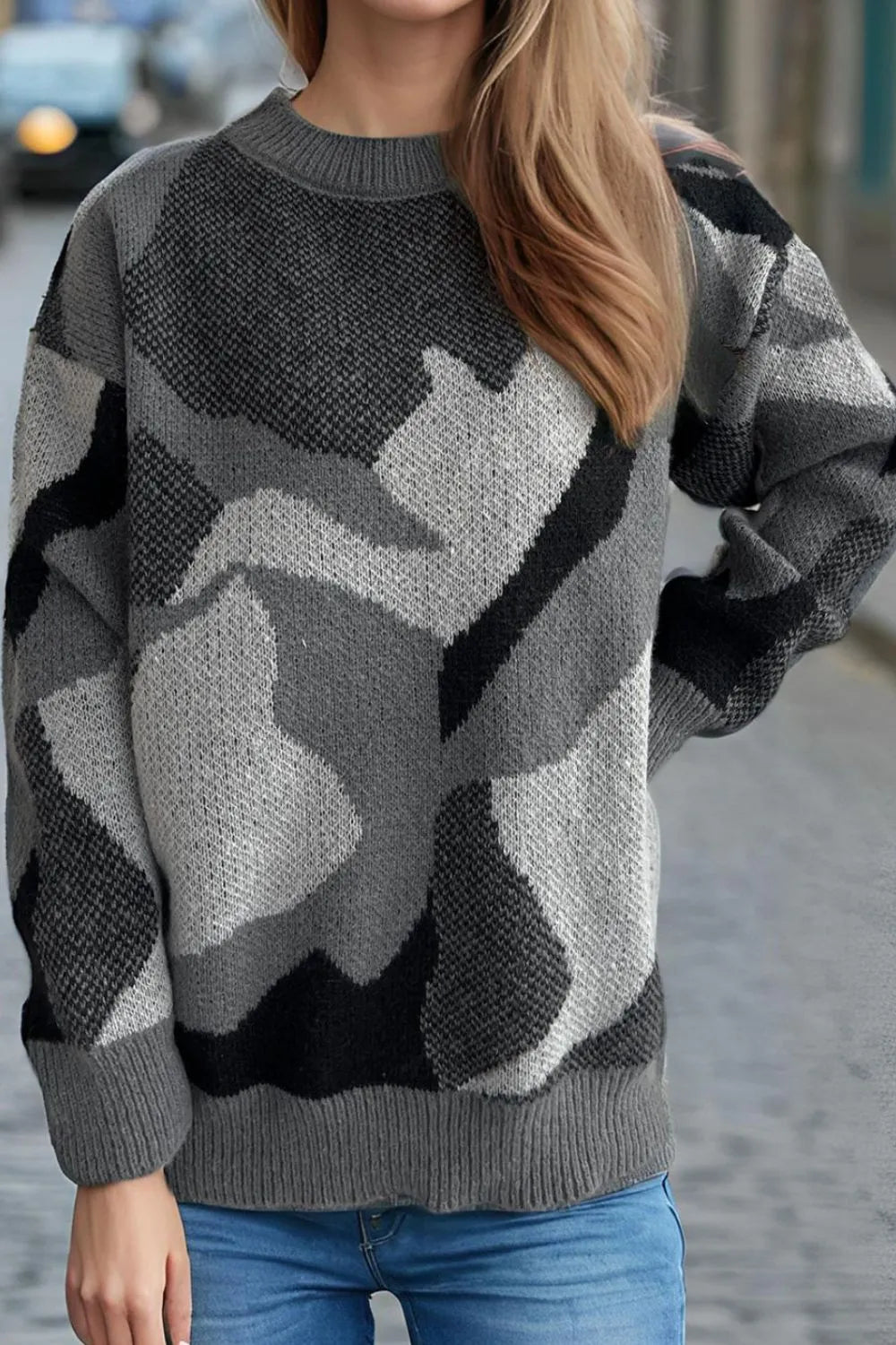 Fashionable and versatile jacquard casual pullover sweater for women