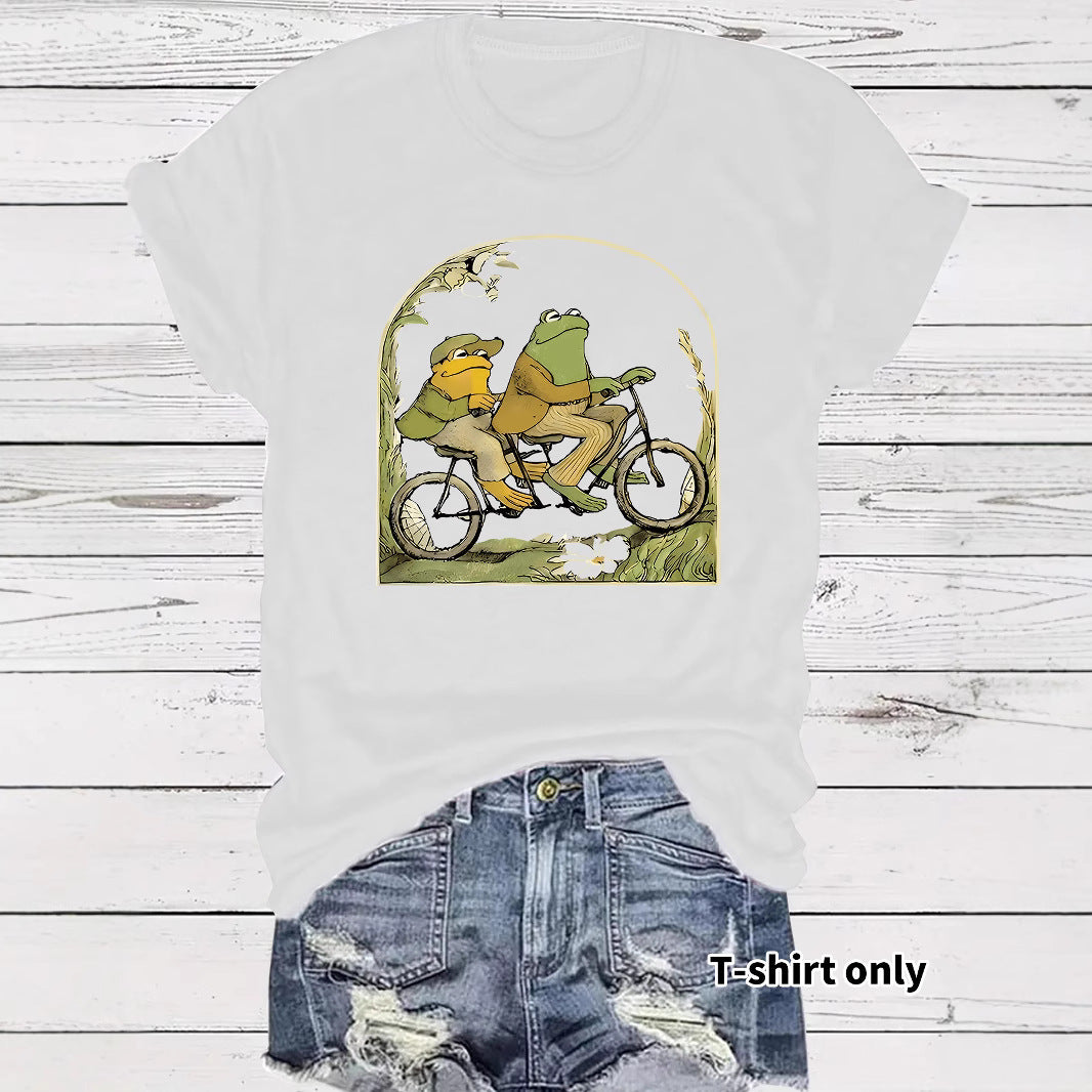 Frog riding bicycle printed short sleeved shirt