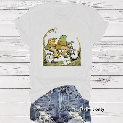 Frog riding bicycle printed short sleeved shirt