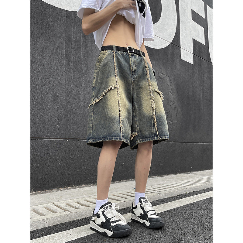 Retro fringed denim shorts for men