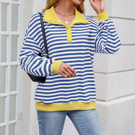 Loose casual lapel button striped sweatshirt for women