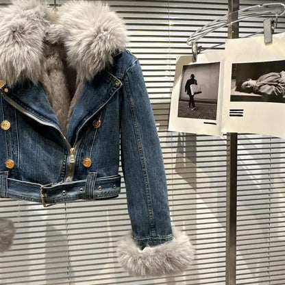 Women Denim Coat  Winer New Fox Fur Collar Rabbit Inner Metal Buckle Zipper Belt High Waist Warm Short Jean Jacket