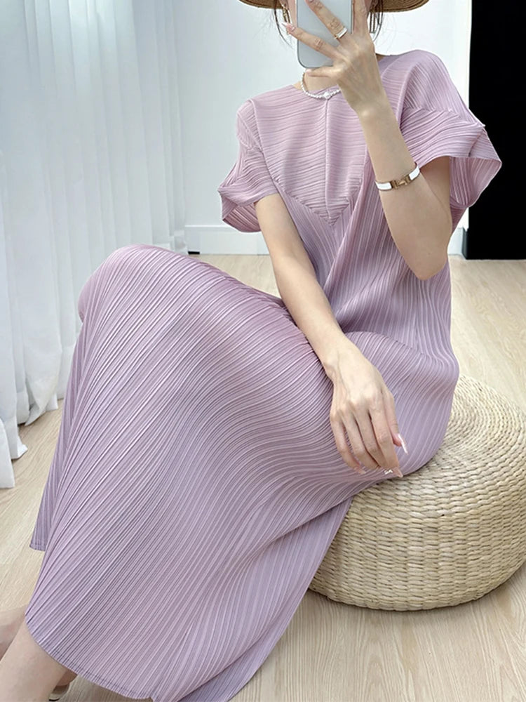 Pleated O Neck Dress Women  New Spring Summer Straight  Long Short Style Loose Solid Color Casual Cloth