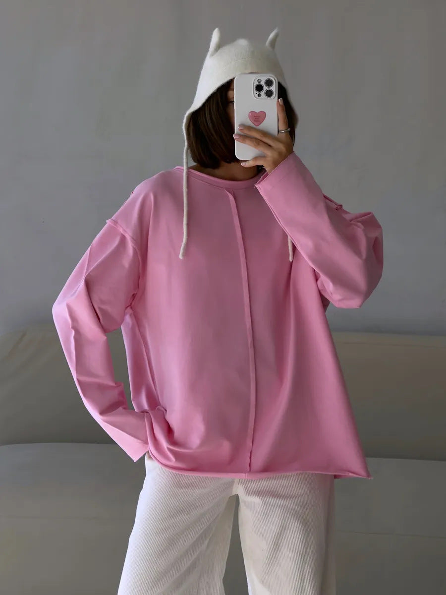 Worn-out Pure Cotton Long Sleeve T-Shirt for Women, Loose Soft Knitted Terry Cloth Top