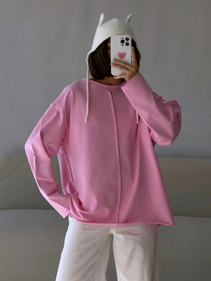 Worn-out Pure Cotton Long Sleeve T-Shirt for Women, Loose Soft Knitted Terry Cloth Top